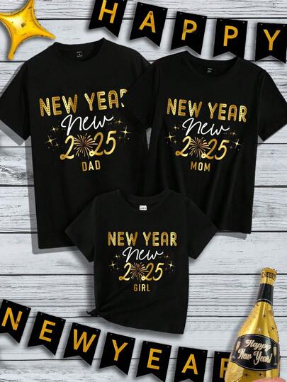 Manfinity Homme Conjunto a juego familiar con estampado gráfico de la letra del Año Nuevo 2025, camiseta de manga corta casual de moda para padre soltero, color negro, talla real