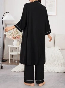 Moonlight&Mama Maternity 3 Pieces Set: Contrast Trim Letter Embroidered Robe With Adjustable Strap Cami Top And Long Pants Sleepwear, Clothes, Cozy Outfit, Fall & Winter - Black - View 2