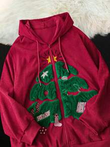 Flirla Plus Size Long Sleeve Embroidered Pocket Hoodie With Drawstring, Casual For Everyday Wear Pullover Fall Outfit