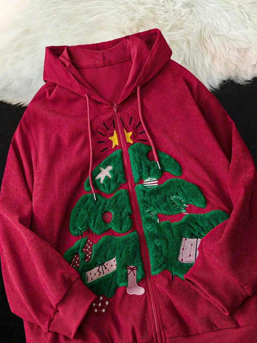 Flirla Plus Size Long Sleeve Embroidered Pocket Hoodie With Drawstring, Casual For Everyday Wear Pullover Fall Outfit