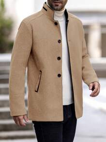 Manfinity Homme 男士纯色立领长袖单排扣休闲大衣，适合秋冬季 - 卡其色 - 查看 6