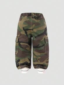 SHEIN Baby Boy Unisex Street Personalized All-Match Casual Versatile Camouflage Cargo Relaxed Fit Denim Jeans, 2024 Essential Item - Army Green - View 2