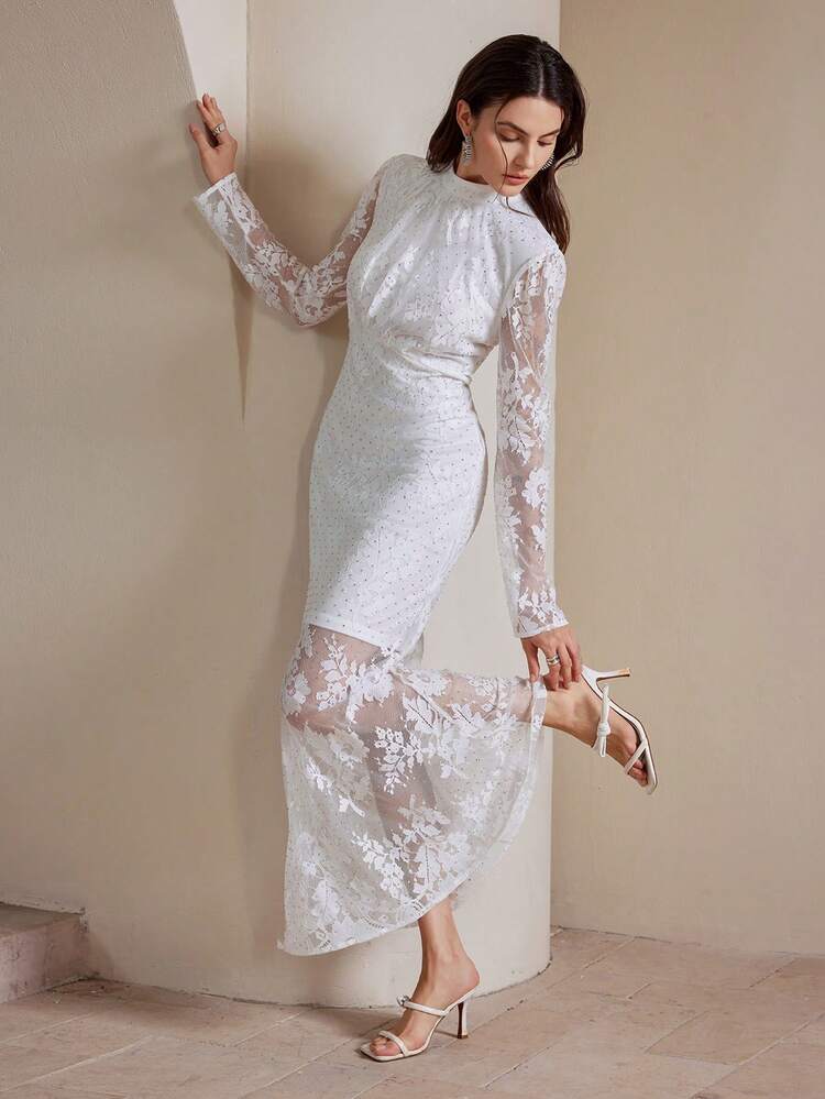 Women's White Crystal Embellished Puff Sleeve High Neck Ruched Lace Evening Party Dress For Holiday Party Clothes Maxi Women Outfit