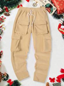 Manfinity Homme 男士休闲翻盖口袋抽绳腰运动裤，秋季款，圣诞节款 - 杏色 - 查看 6