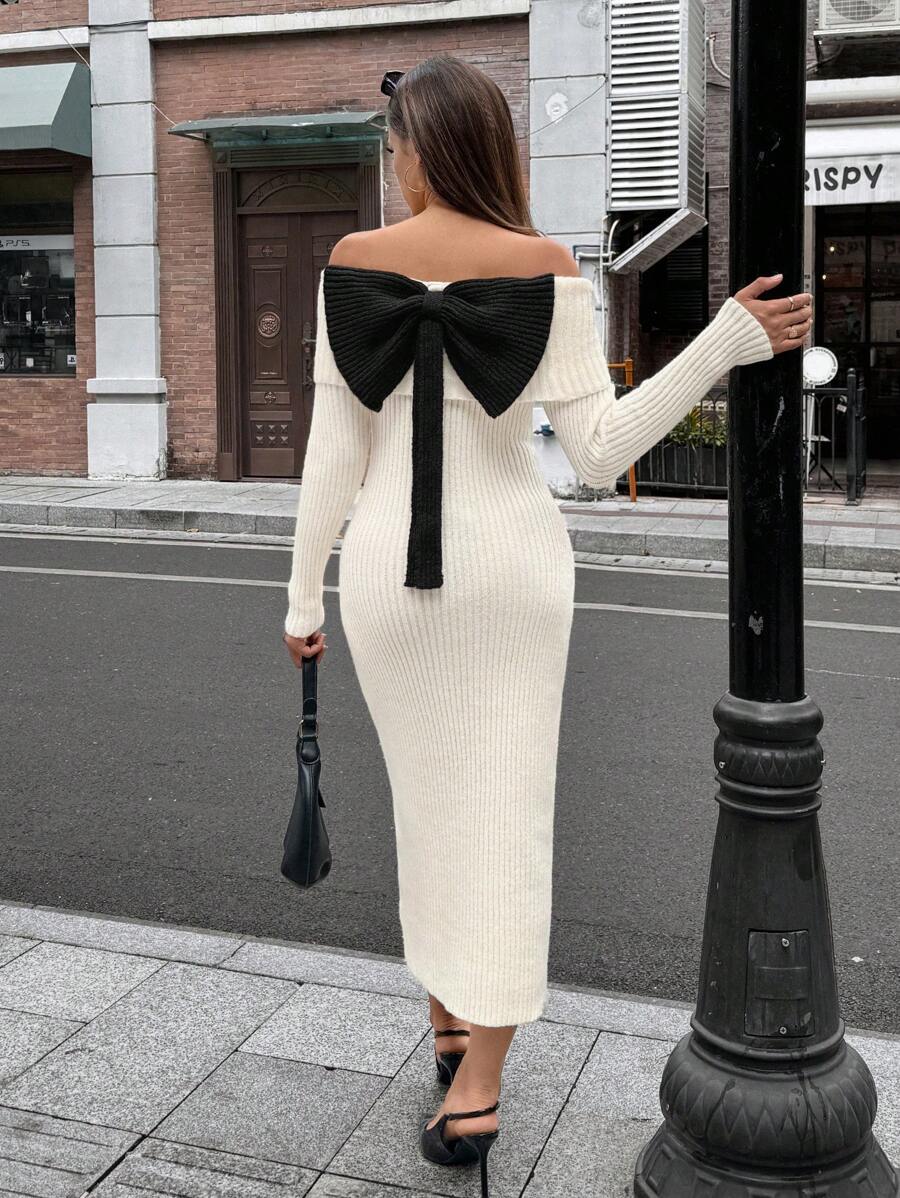 SHEIN Unity Novo Vestido de Tricô Ajustado com Laço nas Costas, Ombros à Mostra, Sexy para Mulheres, Outono/Inverno - Damasco - Visão 1