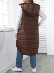 Calvaya Fashionable Asymmetrical Front Short Back Long Padded Vest - Brown - View 2