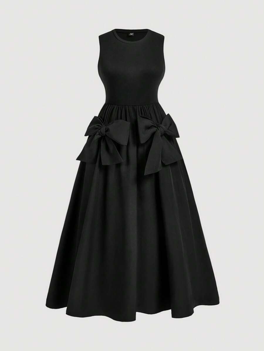 SHEIN MOD 大码复古长裙，大蝴蝶结装饰，优雅可爱的女式风格 - 黑色 - 查看 1