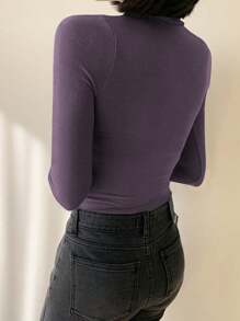 DAZY Áo thun nữ cổ lọ tay dài ôm vừa vặn màu trơn, quần áo mùa thu cho nữ - Màu tím - Xem 2