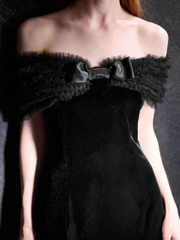 VELVET OFF SHOULDER CONTRAST MESH BOW FRONT COCKTAIL DRESS WITHOUT BELT