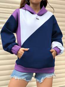 SHEIN Unity Sudadera con capucha casual sencilla de mujer con estampado de letras, manga larga y parches de unicolor