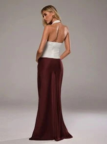 Aloruh Satin Solid Color Elegant Skirt, Burgundy Satin Skirt Ancola Red Skirt, Super Low Waist - Burgundy - View 3
