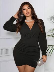 Allurite Vestido de trabajo envolvente con cinturón para mujer de talla grande, color negro, con dobladillo fruncido y manga larga