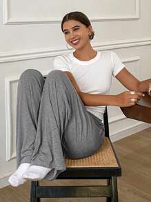 DAZY Simple Cut-Off Fitted Top And Loose Straight Leg Pants Pajama Set - Grey - View 1