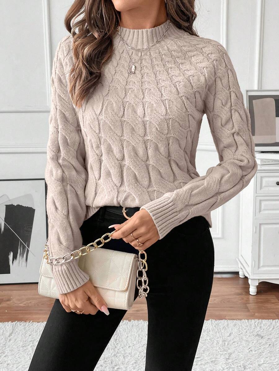 SHEIN Clasi Women Crew Neck Loose Twist Rope Textured Pullover Sweater Knit Pullover Fall Winter - Khaki - View 1