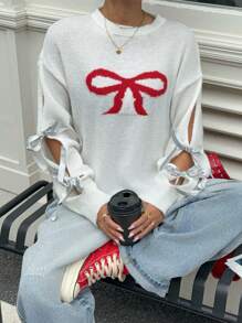 SHEIN Essnce Holiday Sweater Ugly Christmas Sweater Women Sweater Bow Sweater   Christmas Sweater Dress Ankara Red Bow Wool Women's Sleeve Bow Web Contrast Color Hollow Drop Shoulder Long Sleeve Loose Sweater, Autumn And Winter - White - View 6