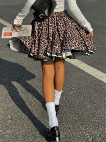 Siren Gaze Women's Leopard Print Ruffle Hem Mini Skirt, High Waist Pleated Skirt, Sexy Ballet Style Skirt, Party Skirt, Street Fashion, Autumn/Winter Skirt, Leopard Skirt, Mini Skirt, Back To School Skirt, Autumn Clothing, Mini Skirt, Concert Cheetah Casual