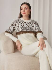 Mulvari 2pcs/Set Women Geometric Print Tassel Decor Crew Neck Long Sleeve Sweater Top And Solid Color Pants - Apricot - View 7