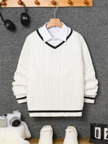 SHEIN Leap Crew Tween Boy V-Neck Casual Sweater, Suitable For Commuting, School, Daily Casual, Travel, Sports, Spring/Summer/Autumn/Winter - White - View 1