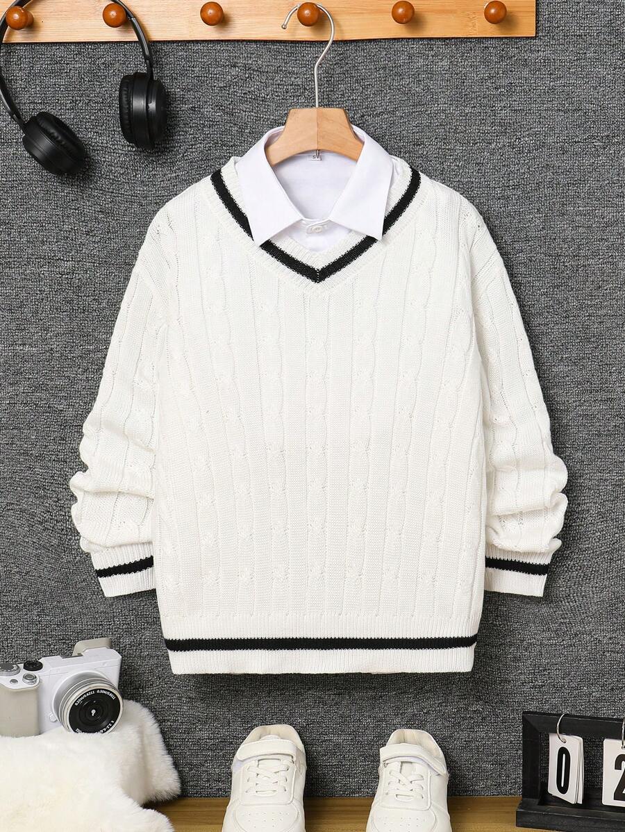 SHEIN Leap Crew Tween Boy V-Neck Casual Sweater, Suitable For Commuting, School, Daily Casual, Travel, Sports, Spring/Summer/Autumn/Winter - White - View 1