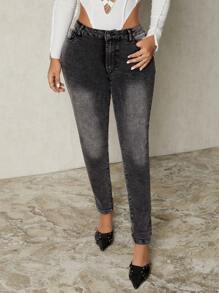 SHEIN SXY Women's Patterned Print Pocket Skinny Casual Versatile Jeans - Dark Grey - View 2