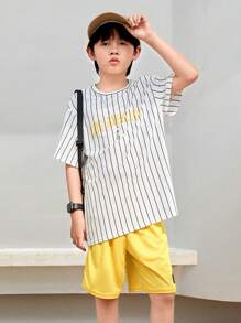 SHEIN Tween Boy Street Style Letter Printed Striped Crew Neck Short Sleeve T-Shirt And Solid Knit Shorts Two-Piece Casual Set - Yellow - View 8