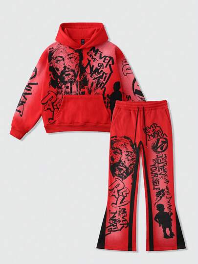 Street Life Men's Autumn Letter & Figure Print Hooded Sweatshirt & Flared Pants Casual Tracksuit