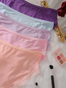Teen Girl Plain Color Lace Patchwork Simple Briefs, Casual Everyday Wear , 5 Pcs - Multicolor - View 3