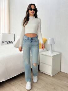 EURMUSE High Waist Skinny Straight Blue Pocket Belt Casual Jeans - Light Wash - View 3