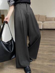 DAZY 纯色宽松阔腿裤带口袋，休闲商务女士西装裤，女士正装裤 - 灰色 - 查看 7