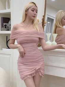 DAZY Women's Off-Shoulder Mesh Bodycon Floral Mini Dress Elegant