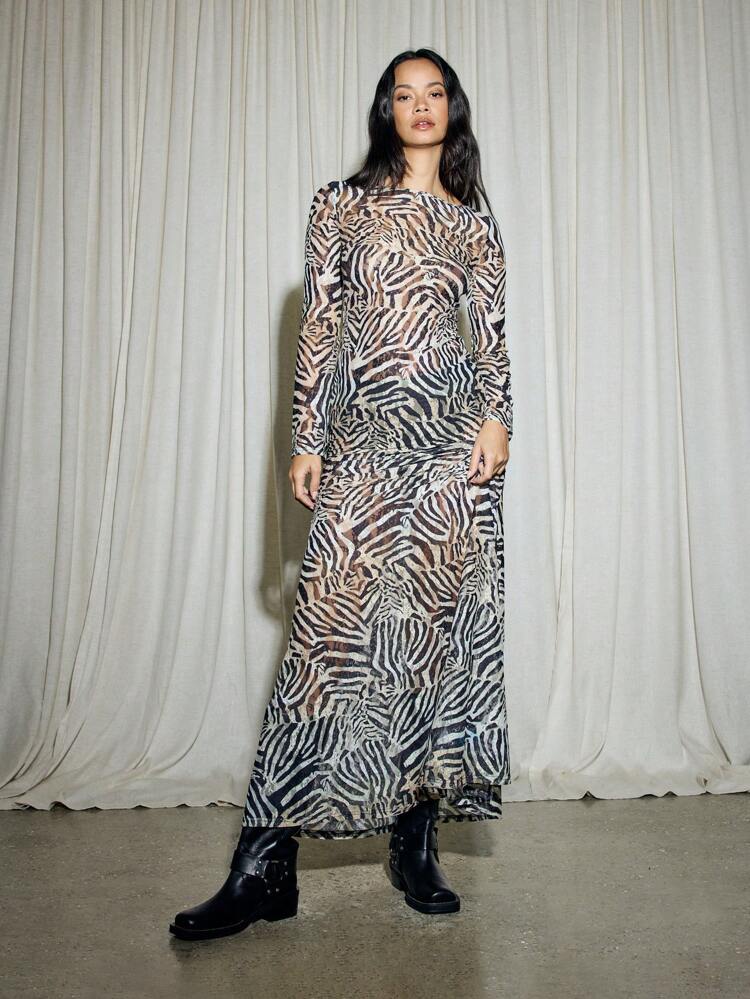 AiiRZ Animal Print Maxi Dress Long Sleeve Flowy Evening Dress Open Back Tie Design Zebra Pattern Floor Length Fall Winter Resort Wear