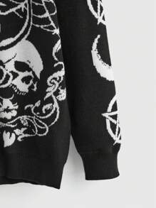 ROMWE Goth Goth Style Black Cat, Skeleton, Moon & Snake Intarsia Loose Fit Sweater, Plus Size, For Winter