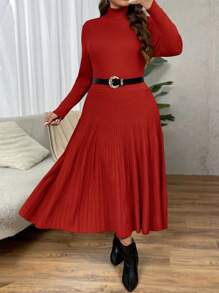 SHEIN Clasi 大码女式驼色和米色高领收腰 A 字型优雅通勤简约基本款长裙，适合感恩节和假期，适合冬季 - 紅色 - 查看 1
