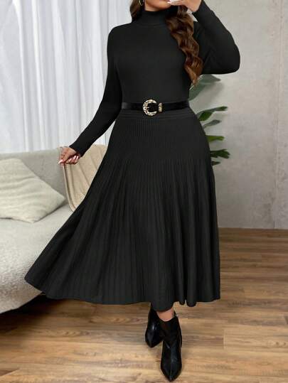 SHEIN Clasi 大码女式驼色高领 A 字型优雅腰部收紧简约毛衣裙，适合通勤、感恩节、节日场合，适合冬季