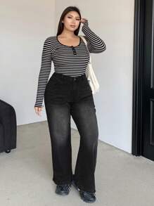 Dazy Petite Plus Plus Size Women's Distressed Wash Loose Wide Leg Jeans With Pockets,Baggy Jeans - Black - View 6