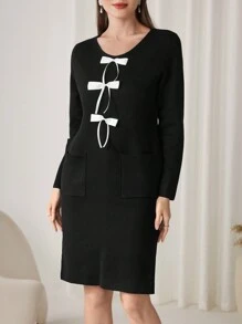 Modelyn 女士撞色蝴蝶结装饰口袋长袖休闲毛衣连衣裙 - 黑色 - 查看 7