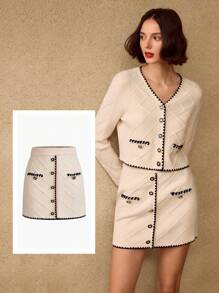 MOTF PREMIUM CONTRAST BINDING BUTTON DETAIL TEXTURED KNIT SKIRT - Black and White - View 10