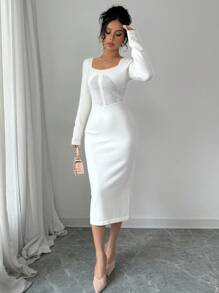 Calvaya Women's Autumn Square Collar Slim Fit Solid Sweater Dress