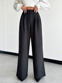 EURMUSE Solid Slant Pocket Wide Leg Suit Pants - Black - View 5