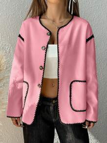 SHEIN EZwear 秋季女士休闲前排扣宽松大衣 - 粉色 - 查看 5
