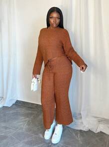 BamGleam 2pcs Women Knitted Oblique Hem Top & Side Slit Pants Set, Long Sleeve Sweater & Long Trousers Outfits, Autumn/Winter Fall Cloth For Women - Rust Brown - View 4