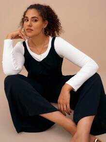 SHEIN VCAY 大码女式宽松黑色休闲收腰连体裤，宽松工装裤，带口袋，休闲连体衣套装 - 黑色 - 查看 3