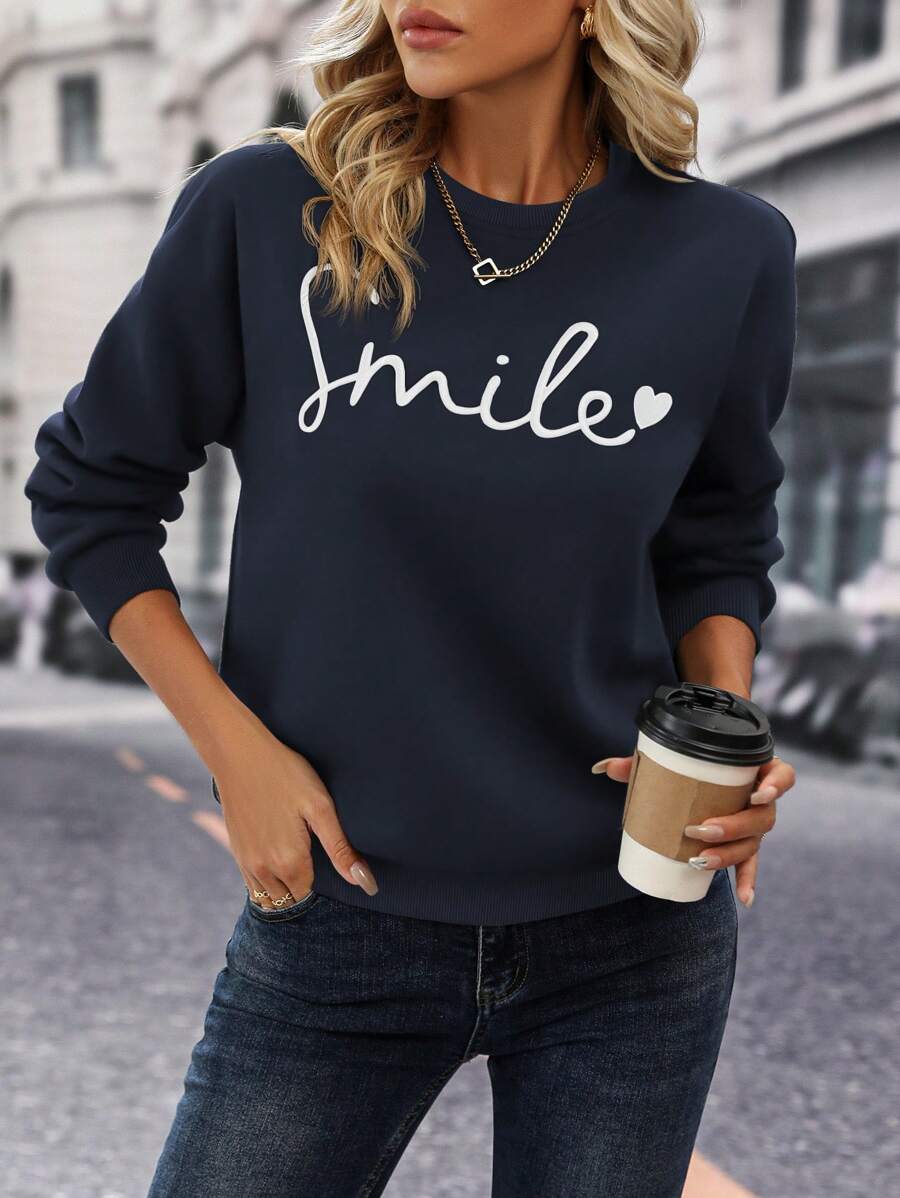 SHEIN LUNE 女士秋冬圆领长袖刺绣字母休闲运动衫 - 藏蓝色 - 查看 1