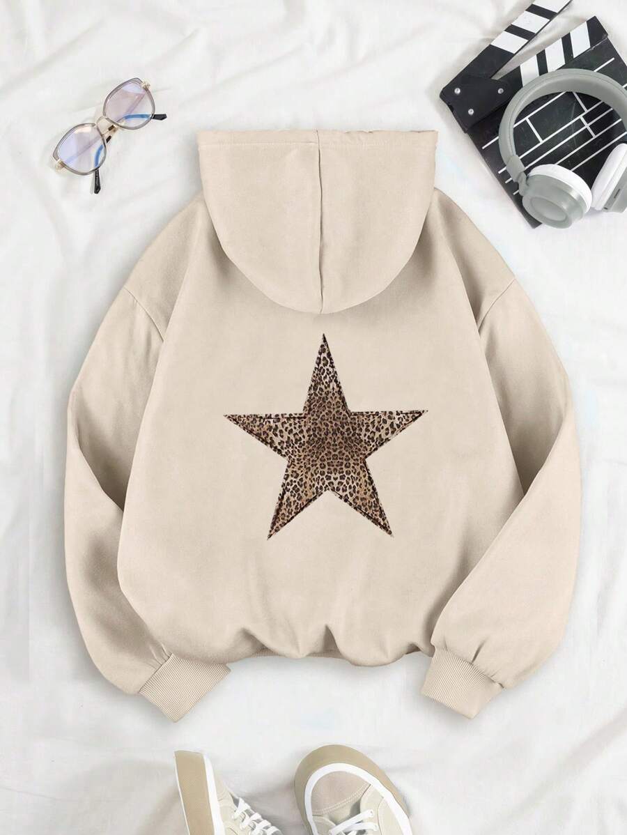 少女休闲时尚简约豹纹星形印花卫衣 - 米色 - 查看 1