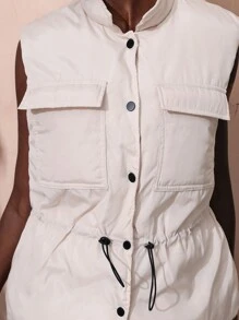 VARSITIE Fall Winter High Collar, Large Pockets, Waist Drawstring Buttoned Vest Women Sports Winter Coats - Apricot - View 5