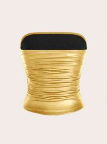 SHEIN EZwear 大码女式高弹力 PU 材质褶皱腰抹胸上衣 - 金色 - 查看 2