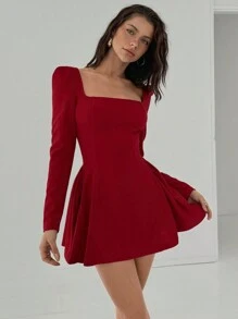 Aloruh 女士纯红色迷你 A 字形荷叶边连衣裙，方领，性感优雅合身腰部长袖紧身连衣裙，适合圣诞节、约会之夜