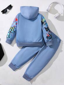SHEIN 2pcs Young Boy Loose Fit Graphic Print Hoodie Sweatshirt And Pants Set