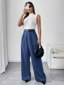 Chiquease 女士休闲日常基本款纯色褶皱阔腿西装裤