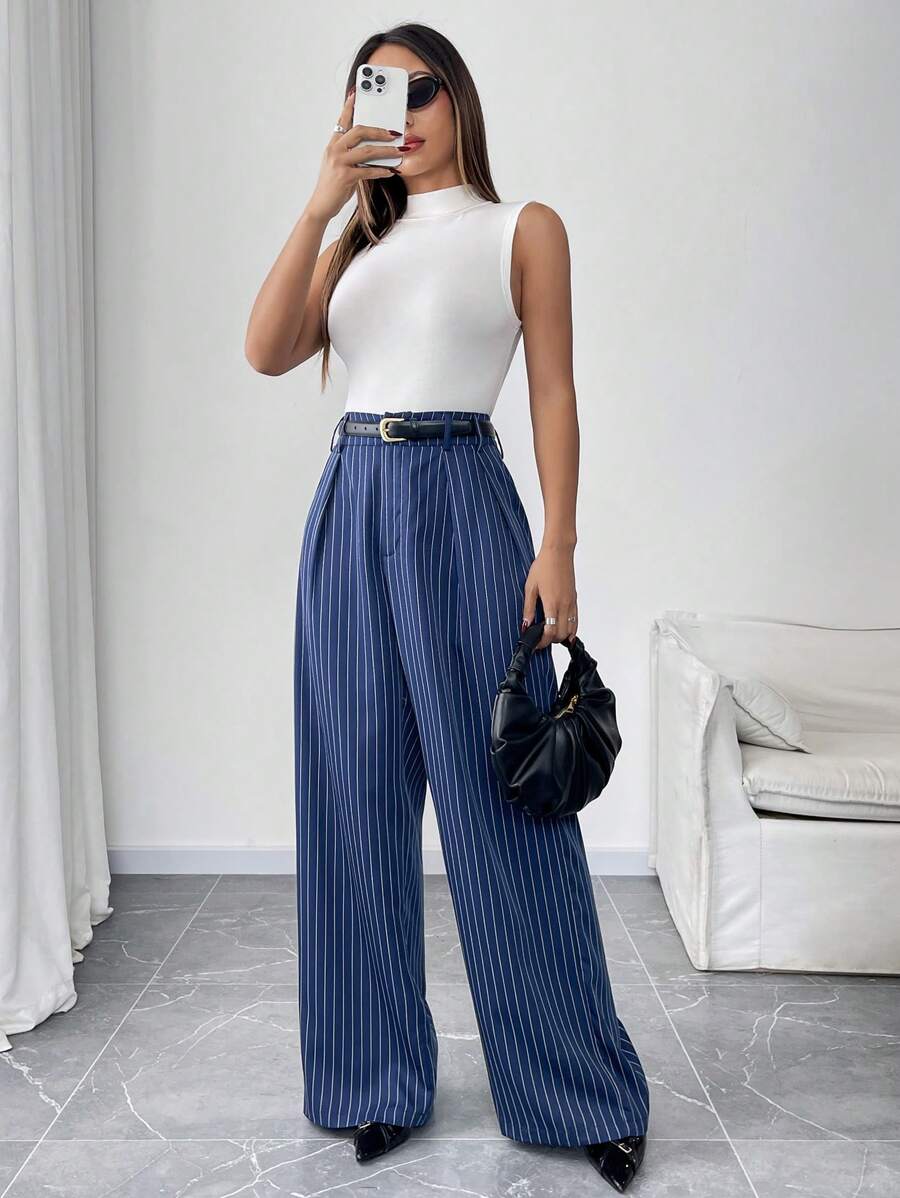 Chiquease 女士休闲日常基本款纯色褶皱阔腿西装裤